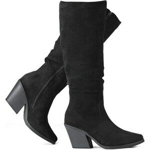 Womens Knee High Faux Suede Boots Stacked Chunky Heel Side Zipper Tall Boots